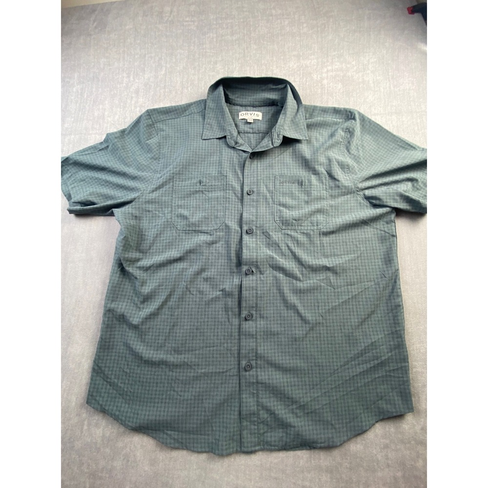 Orvis Classic Collection Mens XL Short Sleeve Button Down Shirt Blue Green Grid